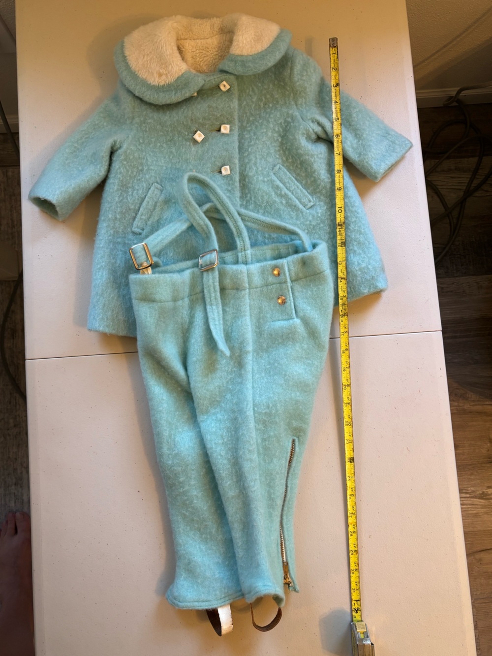 Vintage Sears Honeysuckle Kids Cozy Wool-Blend Coat with snow pants.